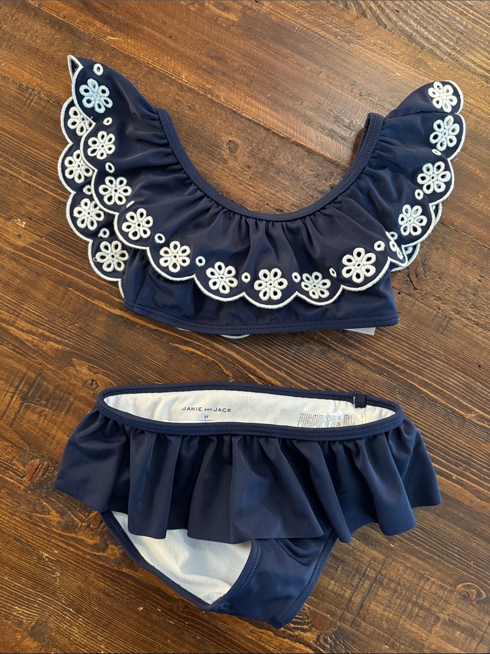 Janie and Jack Navy Swimsuit Set with White Floral Embroidery